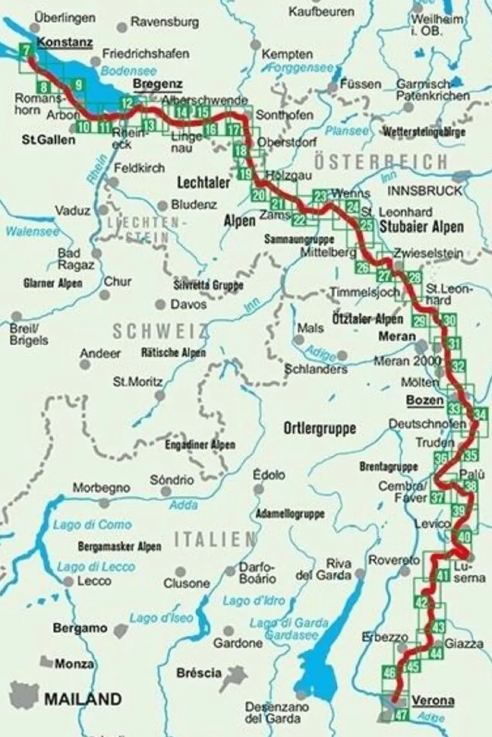 Kompass Wandelkaart 2558 E5 van Bodensee tot Verona